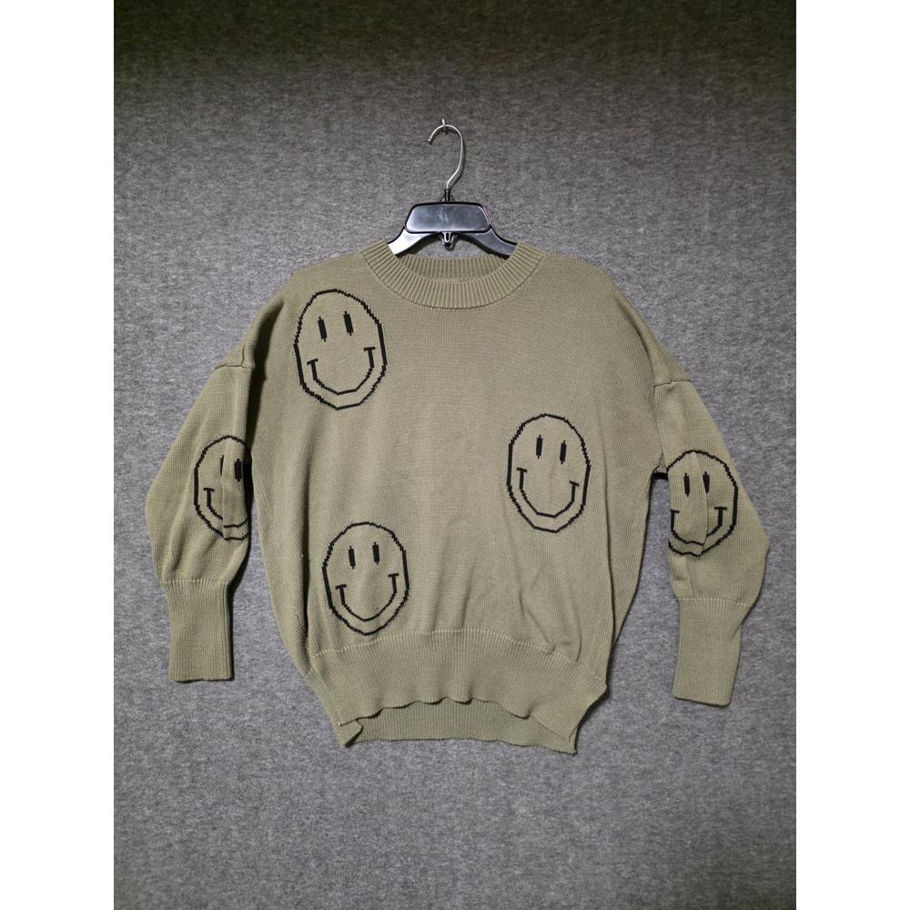 Miou Muse‎ Smile Sweater Womens M Olive Green Oversized Relaxed Happy Face